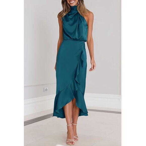 NEW Satin Sleeveless Mock Neck Wrap Mermaid Hem Maxi Dress XL - Picture 5 of 8